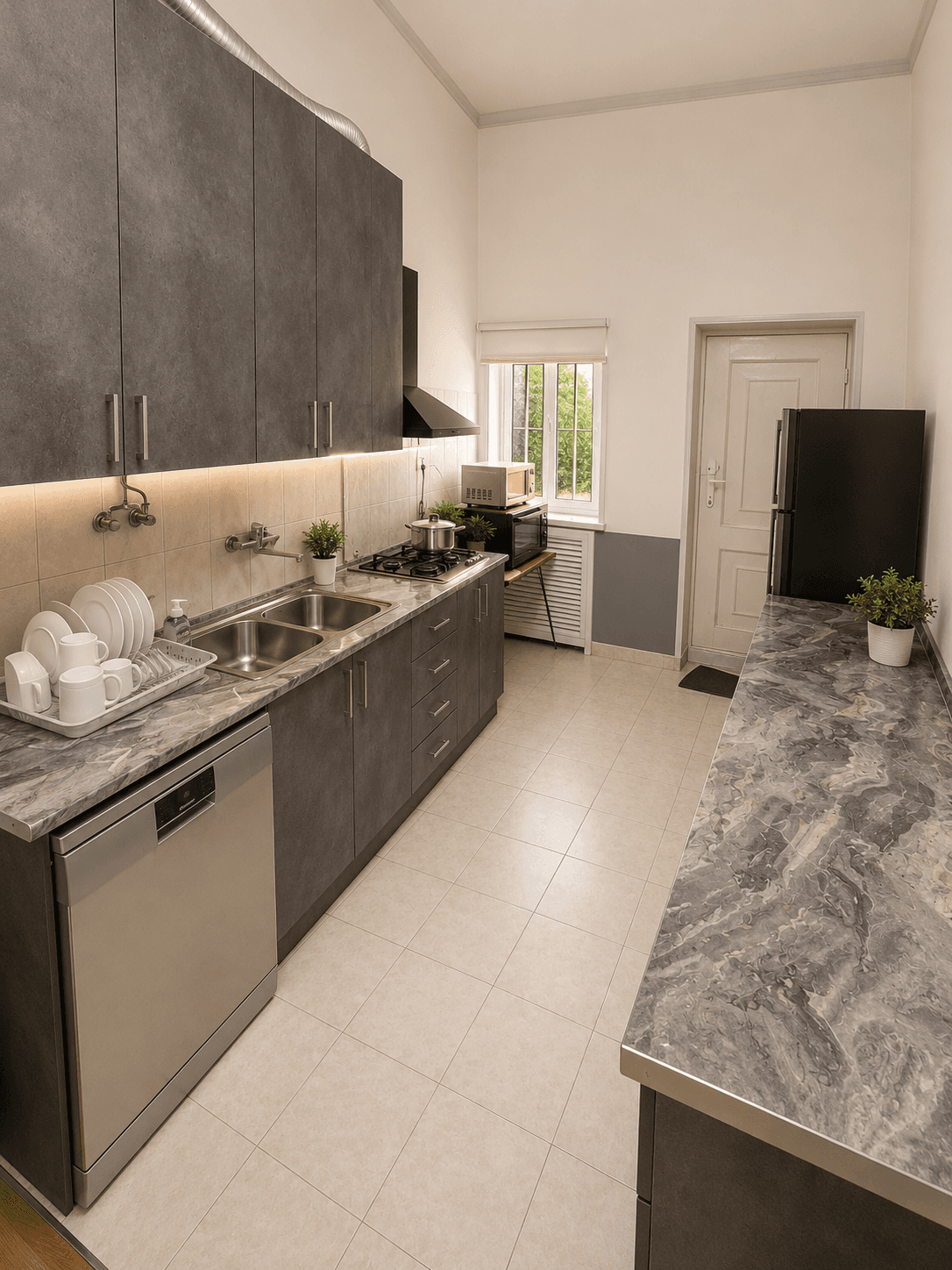 Dreamers Hostel kitchen and dining space
